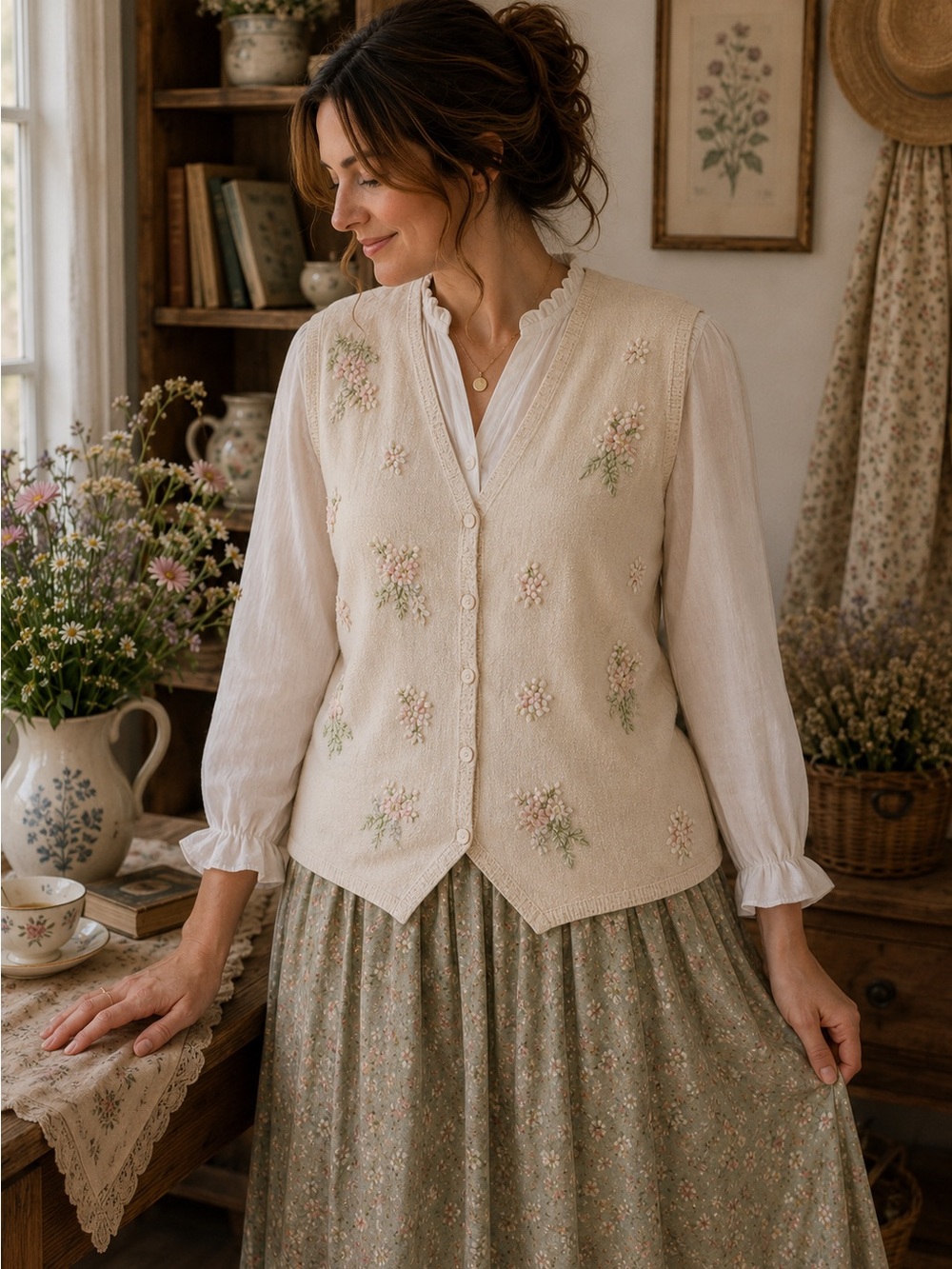 Vintage Light pink Floral Embroidered Button Front Vest - Women's
